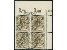 1897, Aufdruckausgabe 3 Pfg. dunkelockerbraun, Viererblock als rechte obere Bogenecke mit Aufdruckfehler “unterer Bogen des t