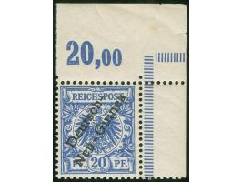 1897, Aufdruckausgabe 20 Pfg. violettultramarin, rechte obere Bogenecke mit Aufdruckfehler “unterer Bogen des t in Deutsch ve