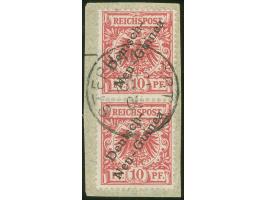 1897, Aufdruckausgabe 10 Pfg. lebhaftlilarot, rot qaurzend, senkrechtes Paar mit Aufdruckfehler “unterer Bogen des t in Deuts