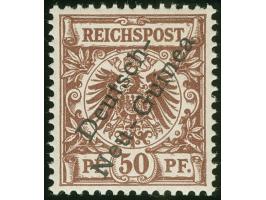 1897, Aufdruckausgabe &nbsp;50 Pfg. lebhaftrötlichbraun, mit Aufdruckfehler “unterer Bogen des t in Deutsch verkürzt” (Aufdru
