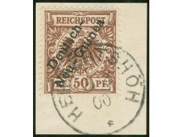 1897, Aufdruckausgabe &nbsp;50 Pfg. lebhaftrötlichbraun, mit Aufdruckfehler “unterer Bogen des t in Deutsch verkürzt” (Aufdru