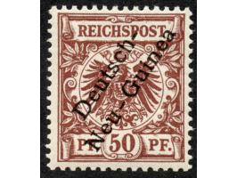 1897, Aufdruckausgabe 50 Pfg. lebhaftrötlichbraun, mit Aufdruckfehler “senkrechter Strich des h in Deutsch sehr dünn” (Aufdru