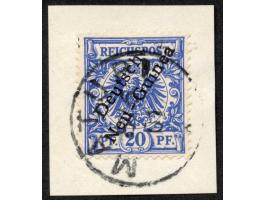1897, Aufdruckausgabe 20 Pfg. violettultramarin, mit Aufdruckfehler “c in Deutsch verstümmelt” (Aufdruckfeld 60), sauber gest
