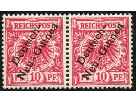 1897, Aufdruckausgabe 10 Pfg. lebhaftlilarot, rot quarzend, waagerechtes Paar mit Aufdruckfehler “zweites e in Neu-Guinea off