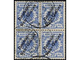 1897, Aufdruckausgabe 20 Pfg. violettultramarin, Viererblock mit Aufdruckfehler “zweites e in Neu-Guinea offen" (Aufdruckfeld