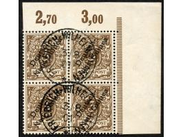 1897, Aufdruckausgabe 3 Pfg. dunkelockerbraun, Viererblock, rechte obere Bogenecke mit Aufdruckfehler “unterer Bogen des t in