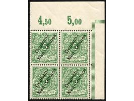 1897, Aufdruckausgabe 5 Pfg. Opalgrün, Viererblock, rechte obere Bogenecke mit Aufdruckfehler “unterer Bogen des t in Deutsch