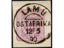 1889/90, Pfennig 5 Pfg. violettpurpur, sauber gestempelt “LAMU OSTAFRIKA 12/5 90”auf Briefstück, zwei kurze Zähne, sonst tade