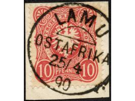 1889/90, Pfennig 10 Pfg. dunkelrosarot, sauber gestempelt “LAMU OSTAFRIKA 25/4 90” auf Briefstück, tadellos, Befund Steuer BP