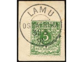 1890/91, Krone/Adler 5 Pfg. gelblichgrün, sauber gestempelt “LAMU 31/3 91” (Letzttag) auf Briefstück, ausgabetypische, etwas 