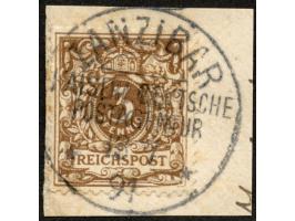 1890/91, Krone/Adler 3 Pfg. gelblichbraun, mit Stempel "ZANZIBAR KDPAg 13.7.91" auf Briefstück, tadellos, Befund R. Steuer BP
