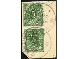 1890/91, Krone/Adler 5 Pfg. grün, senkrechtes Paar, sauber gestempelt “ZANZIBAR 3/6 91” auf Briefstück, untere Marke kurzer Z