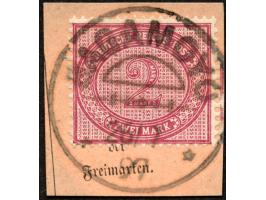 1890/99, Innendienst 2 M. dunkelrotkarmin, sauber gestempelt “BAGAMOYO 26/7 97” auf Postanweisungsausschnitt, tadellos, Kurzb