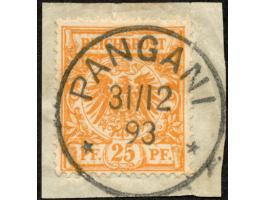 1890/99, Krone/Adler 25 Pfg. gelblichorange, sauber gestempelt “PANGANI ** 31/12 93” auf Briefstück, tadellos, Fotoattest Dr.