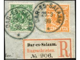 1890/99, Krone/Adler 25 Pfg. gelblichorange und 5 Pfg. lebhaftopalgrün, sauber gestempelt mit grünlichschwarzem “DAR-ES-SALAA