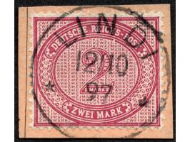 1890/99, Innendienst 2 M. dunkelrotkarmin, mit Plattenfehler “weißer Keil in Ovallinie unter HS von REICHS-”, sauber gestempe
