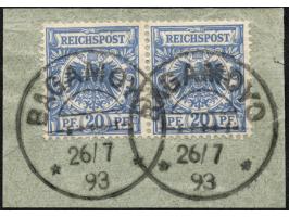 1893, Krone/Adler 20 Pfg. lebhaftgrauultramarin, waagerechtes Paar, sauber gestempelt “BAGAMOYO 26/7 93” auf Briefstück, tade