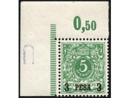1893, waagerechter Aufdruck 15,4 mm breit 3 P. auf 5 Pfg. opalgrün, linke obere Bogenecke, postfrisch, Falzreste im Oberrand,