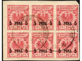 1893, waagerechter Aufdruck 15,4 mm breit 5 P. auf 10 Pfg. mittelrot, ocker quarzend, Sechserblock, sauber gestempelt “DEUTSC