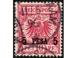 1893, waagerechter Aufdruck 15,4 mm breit 5 P. auf 10 Pfg. rotkarmin, dunkelrot quarzend, sauber gestempelt “DAR-ES-SALAAM 11