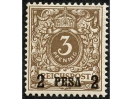 1893, waagerechter Aufdruck 15,4 mm breit 2 P. auf 3 Pfg. mittelbraun, mit Plattenfehler “Bruch der Bandrolle rechts unten”, 