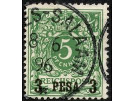 1893, waagerechter Aufdruck 15,4 mm breit 3 P. auf 5 Pfg. opalgrün, mit Plattenfehler “Bruch der Einrollung über dem P von Re