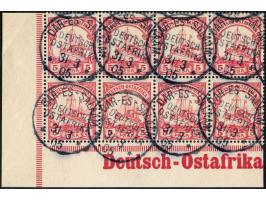 1901, Kaiseryacht o. Wz. 5 P. dunkelkarminrot, Achterblock aus der linken unteren Bogenecke mit kompletter Landesinschrift “D