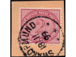 1892/99, Innendienst 2 M. dunkelrotkarmin, mit Plattenfehler “obere Randlinie über R von REICHS- unterbrochen, kleiner Punkt 