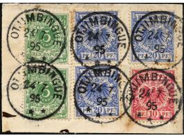 1892/99, Krone/Adler 5 Pfg. lebhaftopalgrün, 10 Pfg. lebhaftlilarot und 20 Pfg. violettultramarin, dekorative Dreifarbenfrank