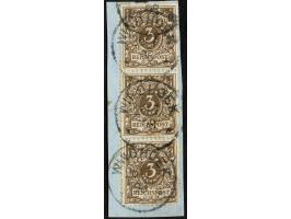 1892/99, Krone/Adler 3 Pfg. mittelbraun, senkrechter Dreierstreifen mit Plattenfehler “Bruch der Bandrolle rechts” bei der mi