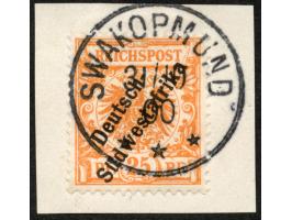 1898/99, Deutsch-Südwestafrika 25 Pfg. gelblichorange, sauber gestempelt “SWAKOPMUND 31/10 00” auf Briefstück, tadellos, sign