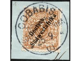 1898, Aufdruckausgabe 3 Pfg. hellockerbraun, mit Plattenfehler “Bruch der Bandrolle rechts unten”, sauber gestempelt “GOBABIS