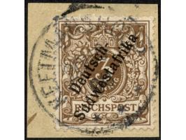 1898/99, Deutsch-Südwestafrika 3 Pfg. dunkelockerbraun, bräunlichschwarz quarzend, mit Plattenfehler “Bruch der Bandrolle rec