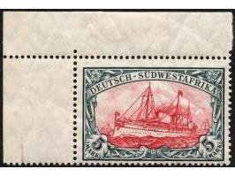 1901, Kaiseryacht mit Wz. Friedensdruck gez. 26:17 5 M. grünschwarz/dunkelkarmin, Mittelstück gelblichrot quarzend, linke obe