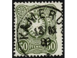 1887/89, Pfennig 50 Pfg. dunkeloliv, mit Plattenfehler “aufgebrochene Spitze Mitte oben”, sauber gestempelt “KAMERUN 13/11 89