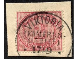 1890/1900, Innendienst 2 M. dunkelrotkarmin, sauber gestempelt “VIKTORIA 17/9” auf Briefstück, kurzer Eckzahl links oben, kle