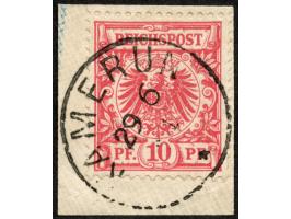 1890/1900, Krone/Adler 10 Pfg. mittelkarminrot, ocker quarzend, sauber gestempelt “KAMERUN 29/6 94” auf Briefstück, tadellos,