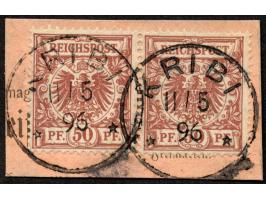 1890/1900, Krone/Adler 50 Pfg. mittelbraunrot, waagerechtes Paar, sauber gestempelt “KRIBI 11/5 96” auf Postanweisungsausschn