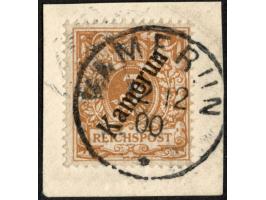 1897, Aufdruckausgabe 3 Pfg. lebhaftbraunocker, mit Plattenfehler “Bruch der Bandrolle rechts unten”, sauber gestempelt “KAME