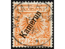 1897, Aufdruckausgabe 25 Pfg. dunkelorange, mit Plattenfehler “I in Reichspost oben gespalten”, sauber gestempelt “KAMERUN 15