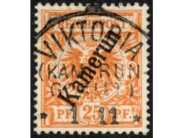 1897, Aufdruckausgabe 25 Pfg. dunkelorange, mit Plattenfehler “I in Reichspost oben gespalten”, sauber gestempelt “VIKTORIA 1