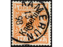 1897, Aufdruckausgabe 25 Pfg. dunkelorange, mit Plattenfehler “I in Reichspost oben rechts ausgebrochen", sauber gestempelt “