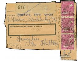 “37/Schwerin” auf Arbeiter 40 Pfg., drei 3er-Streifen und zwei Paare, auf Paketkartenabschnitt von “HOHEN SPRENZ 2.7.48”, Bed