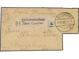 “38/Casekow” (Arge 38/3) auf Arbeiter 40 Pfg. und einem Paar und 3er-Streifen 80 Pfg., auf Not-Paketkartenabschnitt, sign. Bö