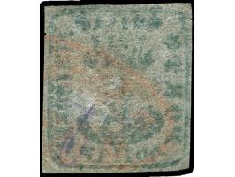 1858, Handstruck 40 parale blue on thin blueish paper, cancelled JASSY FRANCO in red, full short margins, tiny flaw and borde