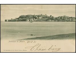 1906, Offices in Turkey 10 pa. on 2 k. tied to ppc ‘Fortresse de Metelin’ by violet R.O.P.i.T./ Mytilene 9 febr 1906 cds., vi