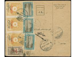 1921, Turkey in Asia: 5 x 50 pia. ochre, 1 pia. green and 3 pia. on 4 pa. brown with red overprint tied on front and reverse 