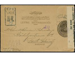 1914, 1 pia. brown postal stationery registered envelope used uprated with Sultan Vahdettin Accession on the Throne 50 pia. g