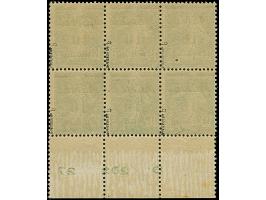 1922, 10 Pfg. a. 10 C. dunkelgrün, UR-6er-Block m. Druckdatum “E20227”, postfrisch, linkes Unterrandfeld gering stockig, sons