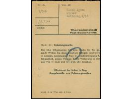 Theresienstadt, 1944, frankierter Einlieferungsschein für einen R-brief ins Lager, angeheftet an einen Bezugsschein für eine 